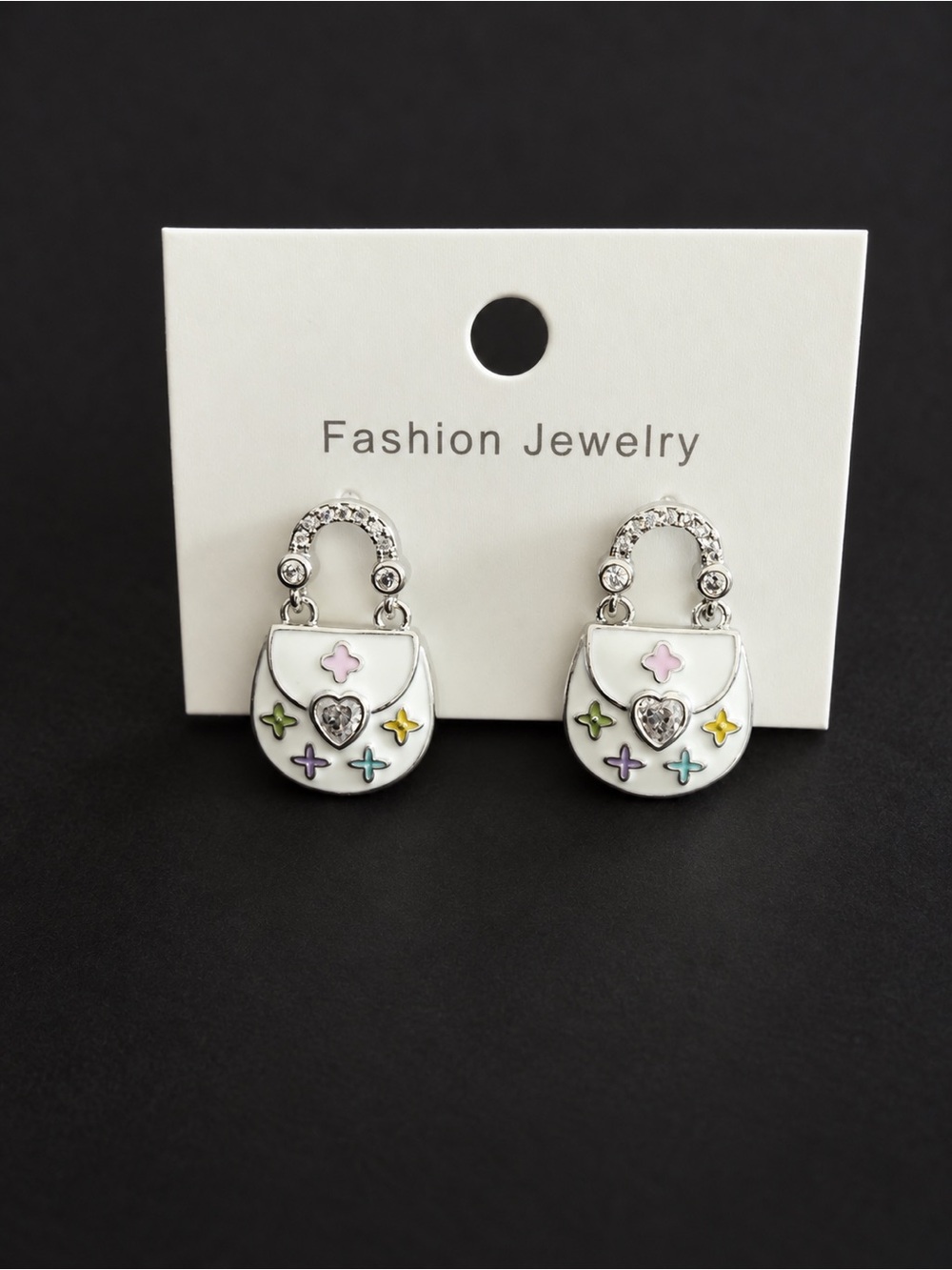 White Enamel Purse Earrings with CZ Accents – 925 Posts